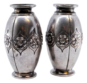 Small Vases in Embossed Silver with Floral Motifs, Set of 2