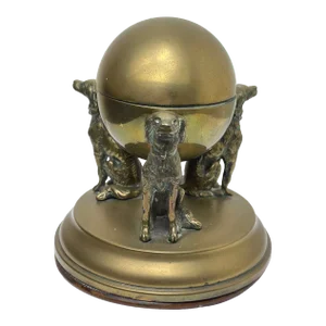 Antique 19th Century Solid Brass Inkwell With 3 Irish Setter Dog Hounds Supporting Globe