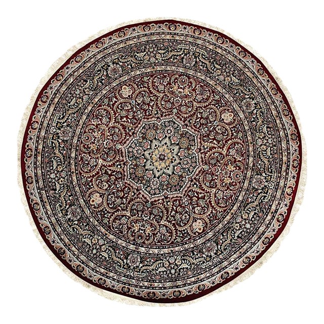 12' Round Coral Hand-Knotted Wool Rosette Starburst Pattern Traditional Carpet Rug For Sale