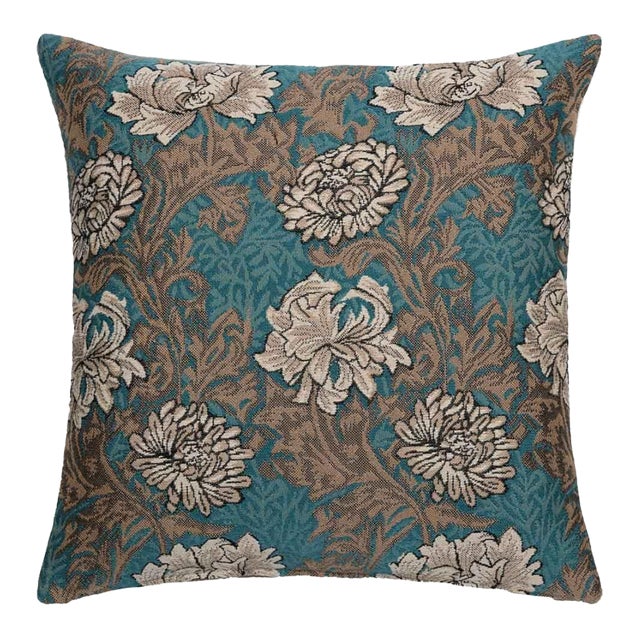 Chrysanthemums Aqua Regular Cushion With Feather Filler - 46x46cm (18"x18") For Sale