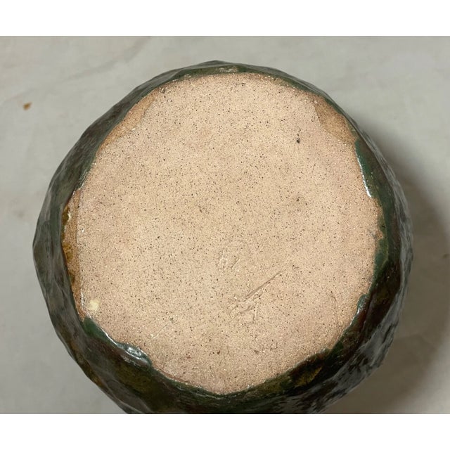 Unique Vintage Handmade Signed 74 Green Glazed Wrinkle Crinkled Art Pottery Vase For Sale - Image 11 of 13