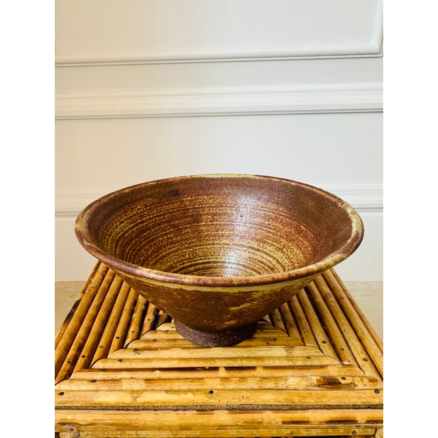 Mid-Century Modern Vintage 1970’s Signed Brown Terracotta Bowl in Bronze & Pale Green Shades For Sale - Image 3 of 17