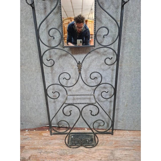 Wall-Mounted Coat Rack in Wrought Iron with Central Mirror For Sale - Image 6 of 10