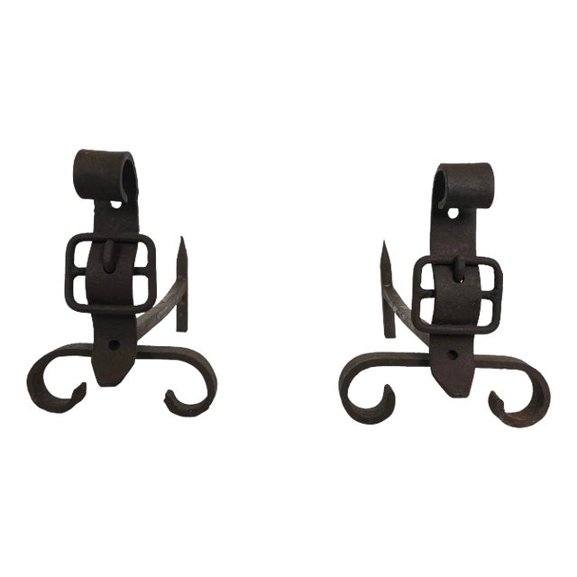 Pair of 1950s Cast Iron and Wrought Iron Andirons Representing a Belt For Sale
