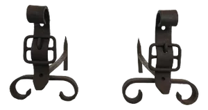 Pair of 1950s Cast Iron and Wrought Iron Andirons Representing a Belt