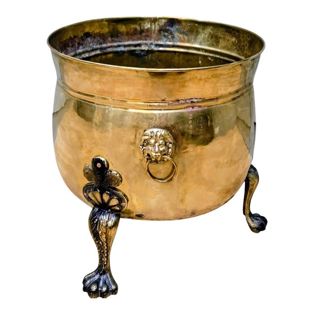 Antique Hand-Made English Brass Lion Handle Footed Cachepot Planter/Cauldron For Sale