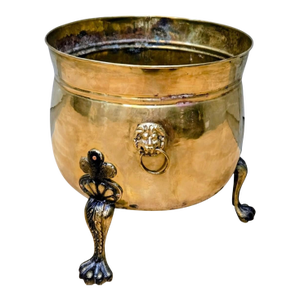 Antique Hand-Made English Brass Lion Handle Footed Cachepot Planter/Cauldron