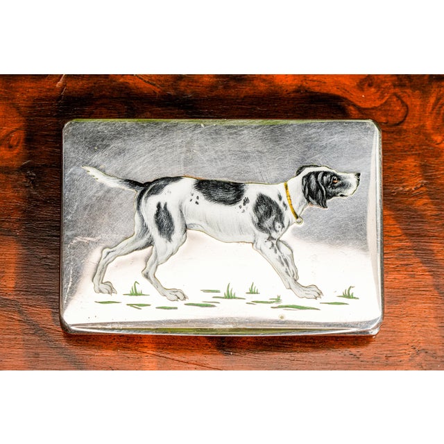 Realism 1910s Hand-Painted Enamel Hound Hunting Pointer Dog Antique Continental Silver Snuff Box For Sale - Image 3 of 17