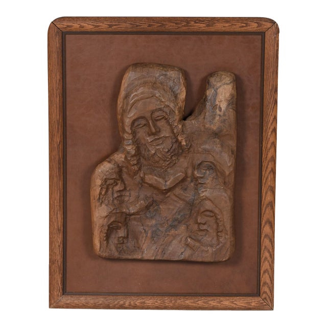 Hand-Carved Wood Relief Portrait With Leather Backdrop and Oak Frame For Sale