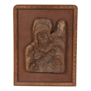 Hand-Carved Wood Relief Portrait With Leather Backdrop and Oak Frame