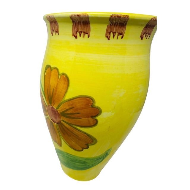 1980s Vintage 1980s Italian Hand-Painted Yellow Floral Ceramic 12-Inch Urn Vase For Sale - Image 5 of 12