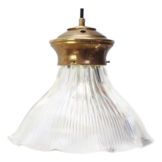 Vintage Industrial Glass and Brass Pendant Light from Holophane For Sale