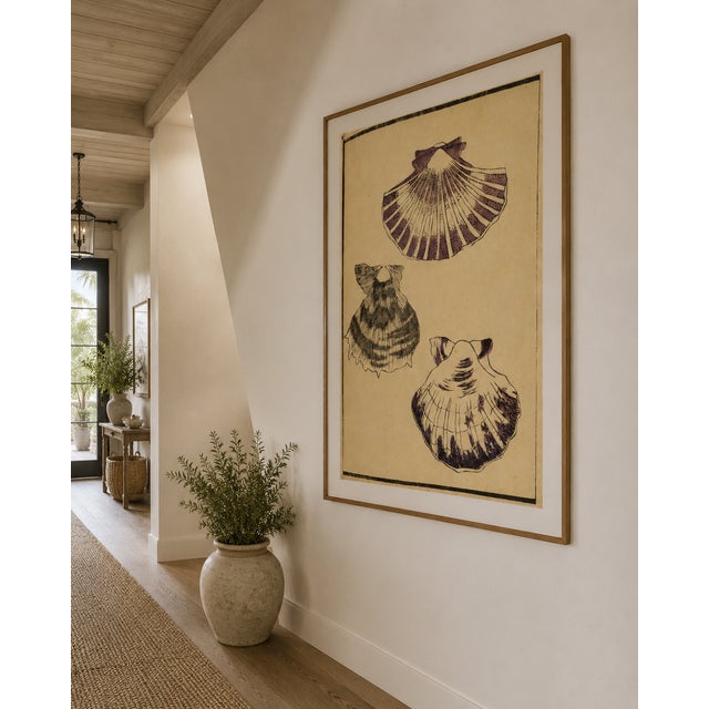 Brown Vintage Japanese Scallop Shells, Woodblock Print Reproduction, 40" X 60" For Sale - Image 8 of 11