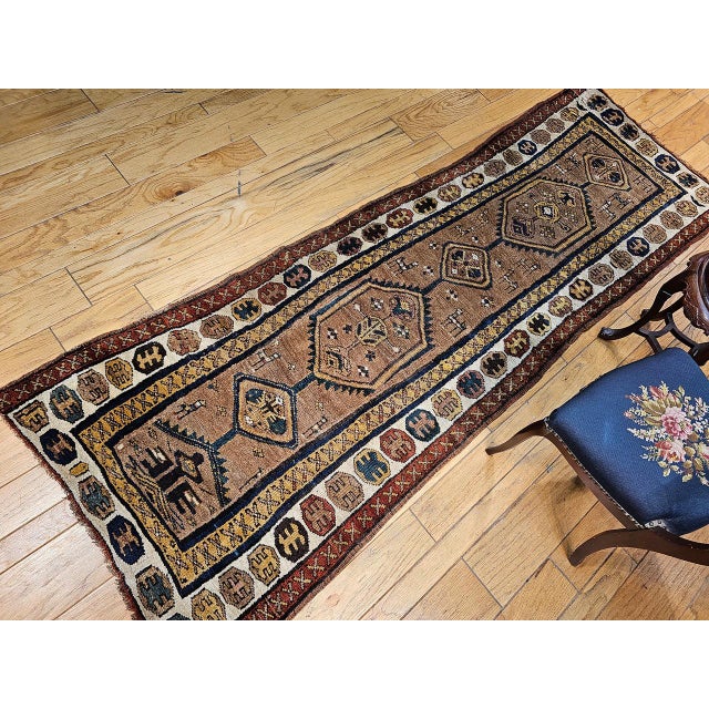 Textile Antique 19th C. Persian Kurdish Tribal Runner Rug, Hand-Knotted Wool, Geometric Pattern, 3x10, Camelhair & Ivory For Sale - Image 7 of 15