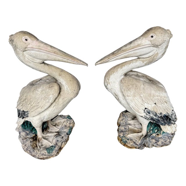 Pair Polychromed Resin Life Size Garden Figures of Pelicans, Late 20th Century For Sale