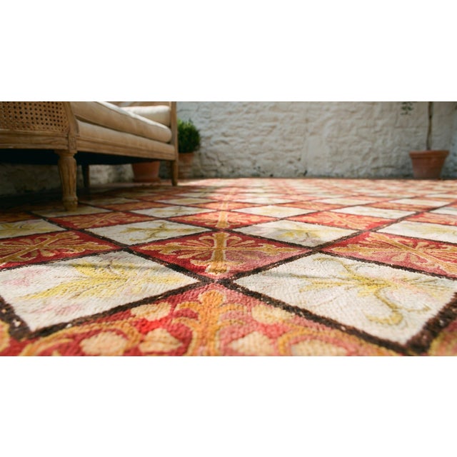 1870s Red White Diamond Antique French Needlepoint Rug 13'8" X 16'10" Flatweave Wool Carpet For Sale - Image 9 of 9