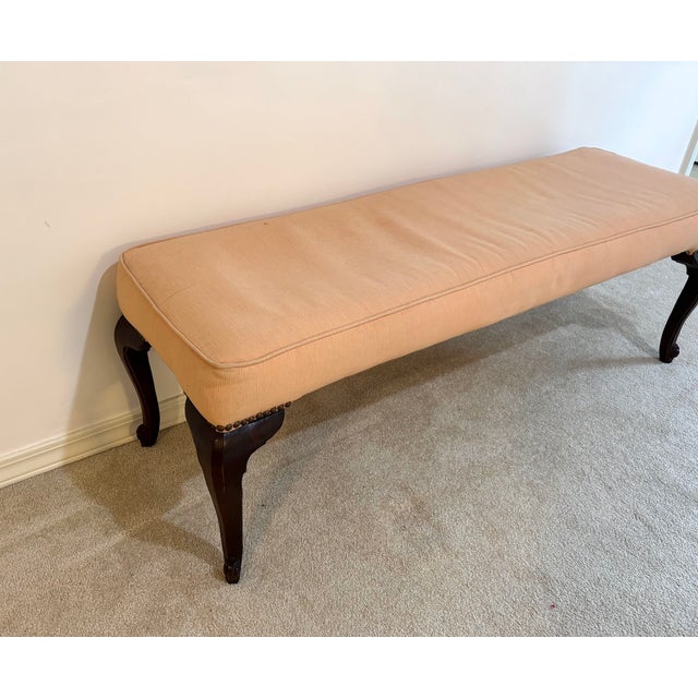 Queen Anne Queen Anne Style Peach Upholstered Bench W/ Nailhead Detail For Sale - Image 3 of 4