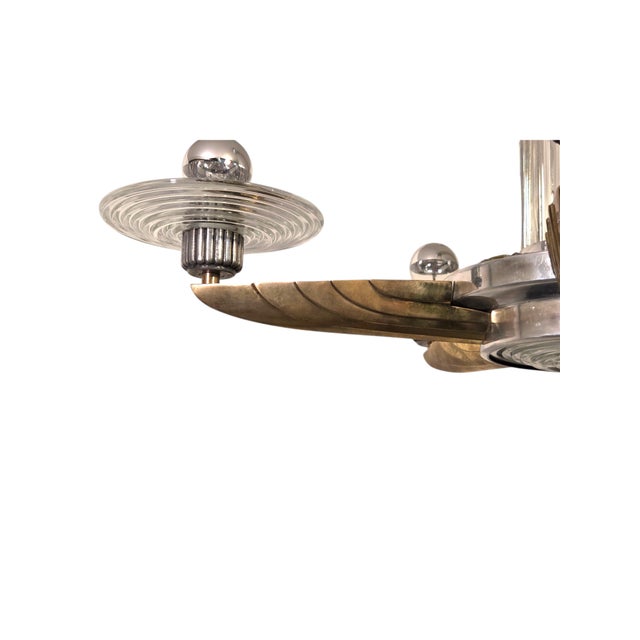 Metal Early 20th Century Petitot Signed Bronze, Nickel, Aluminum, Glass Five Arm Skyscraper Chandelier For Sale - Image 7 of 18