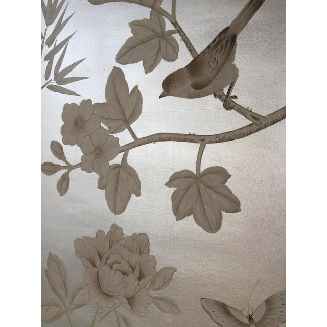 Luxury Hand Painted Silver Foil Wallpaper With Floral & Bird Design, Elegant Chinoiserie Botanical Wallcovering, Custom Oriental Interior Mural For Sale - Image 6 of 10