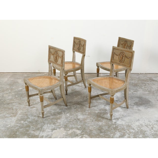 Set of Four French 18th Century Painted Side Chairs with Liberal Arts Allegory For Sale - Image 4 of 10
