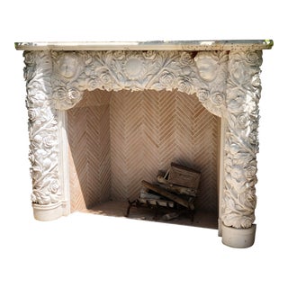 Italian Carved Marble Roses, Sunflowers and Cherubs Fireplace For Sale