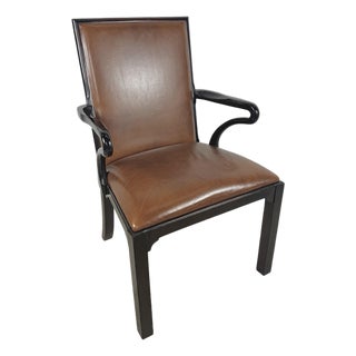 Vintage Baker Furniture Brown Leather & Ebonized Wood Armchair For Sale