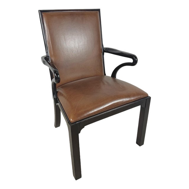 Vintage Baker Furniture Brown Leather & Ebonized Wood Armchair For Sale