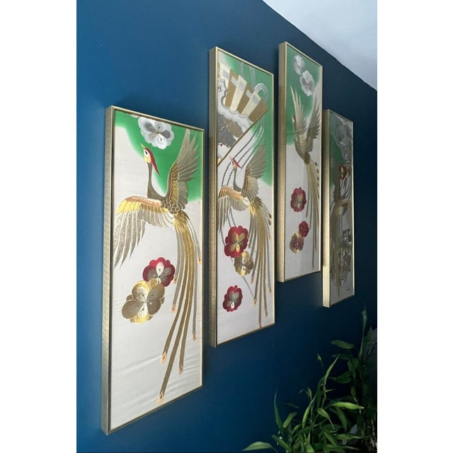 Japanese Kimono Silk Phoenix Embroidered Panels, Four-Panel Set, Mid 20th Century For Sale - Image 11 of 18