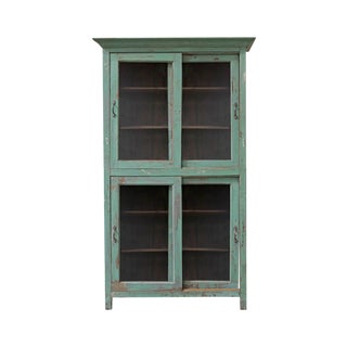 Vintage Green Cabinet with Glass Sliding Doors For Sale