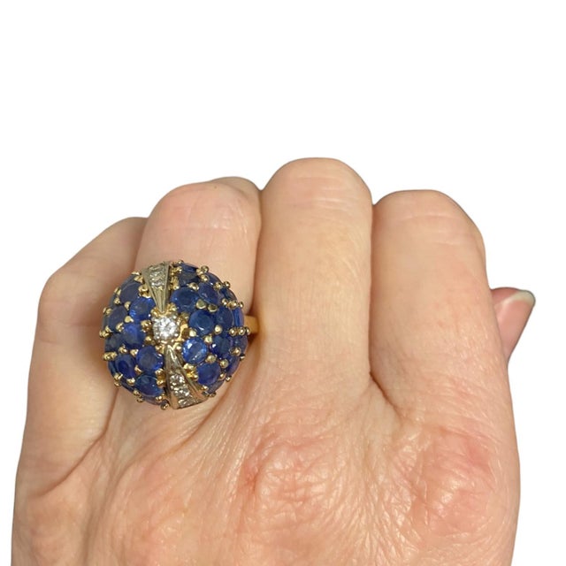 Late 20th Century 18k Yellow Gold Sapphire & Diamond Bombe Ring, Size 5 For Sale - Image 11 of 11