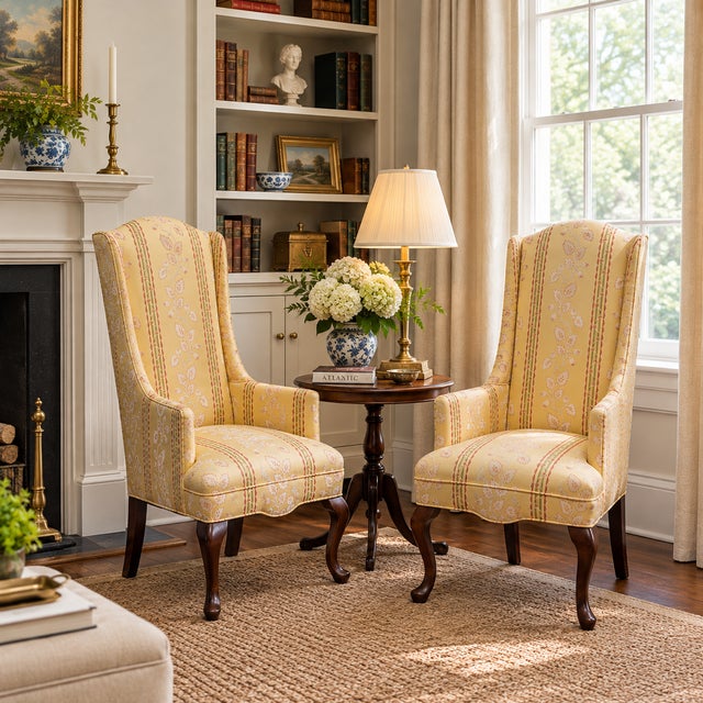 A pair of petite vintage Queen Anne style wingback chairs scaled for small spaces. At just 23" wide, these slim high-back...