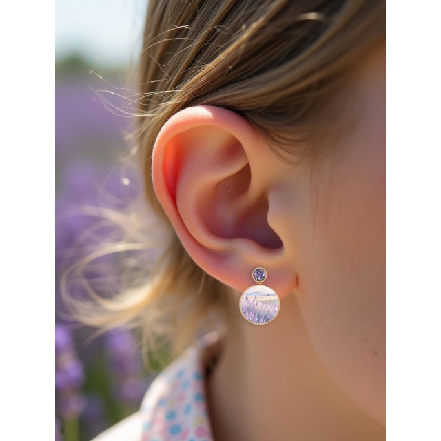 Mother Of Pearl Shell Stud Earrings with amethyst and lavender field drawing. Handmade Paint lavender flower Shell...
