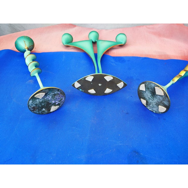 Forest Green Brass Candlesticks, 1960s, Set of 3 For Sale - Image 8 of 10