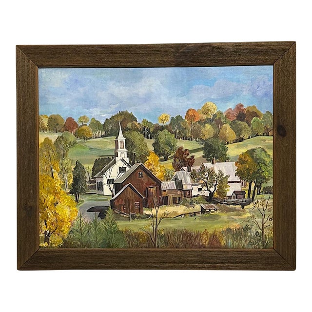 New England Village in the Fall, Autumn Scene. Framed Vintage Original Oil on Board Painting For Sale