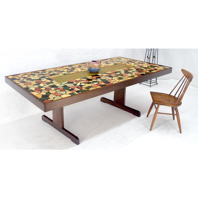 Large 46x92 Rectangle Tile Mosaic Top Funky Dining Table c1970s Artist Signed For Sale - Image 9 of 17