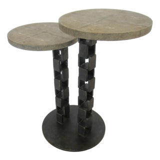 Vintage C.1990's French R & Y Agousti 2-Tier Occasional and/or Drinks Side Table in Forged Iron & Shagreen For Sale