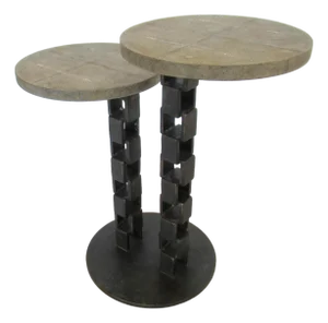 Vintage C.1990's French R & Y Agousti 2-Tier Occasional and/or Drinks Side Table in Forged Iron & Shagreen