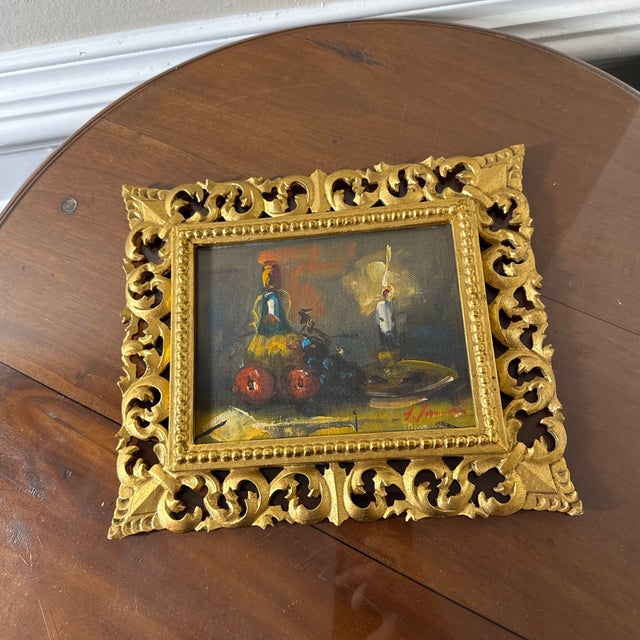 Vintage Italian Still Life Oil Painting Gold Ornate Frame Signed For Sale - Image 9 of 10