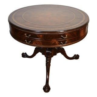 1930s English Chippendale Mahogany & Leather Top Round Center Table / Hall Table For Sale