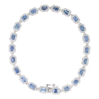 Modern 14k Gold Tennis Bracelet 5.55ct Blue Sapphire & 1.54ct Diamond Halo For Sale