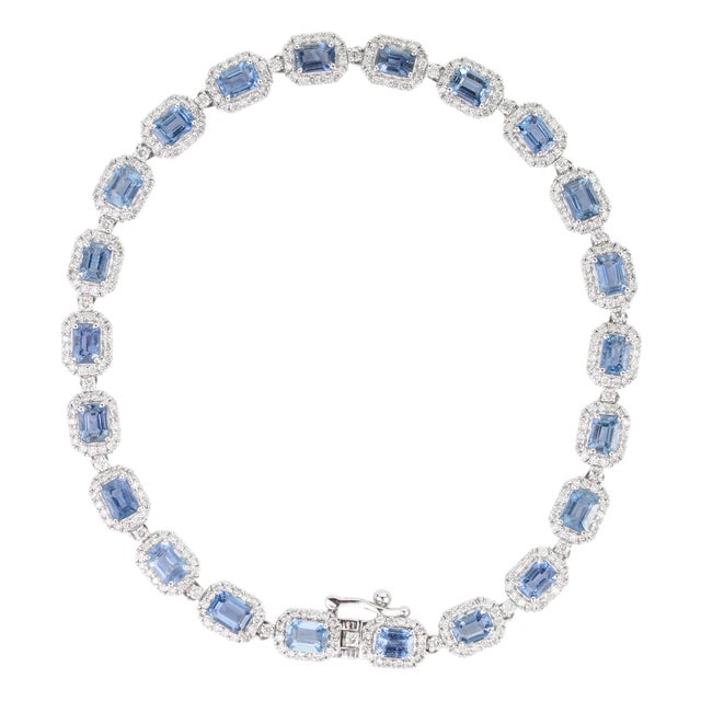Modern 14k Gold Tennis Bracelet 5.55ct Blue Sapphire & 1.54ct Diamond Halo For Sale