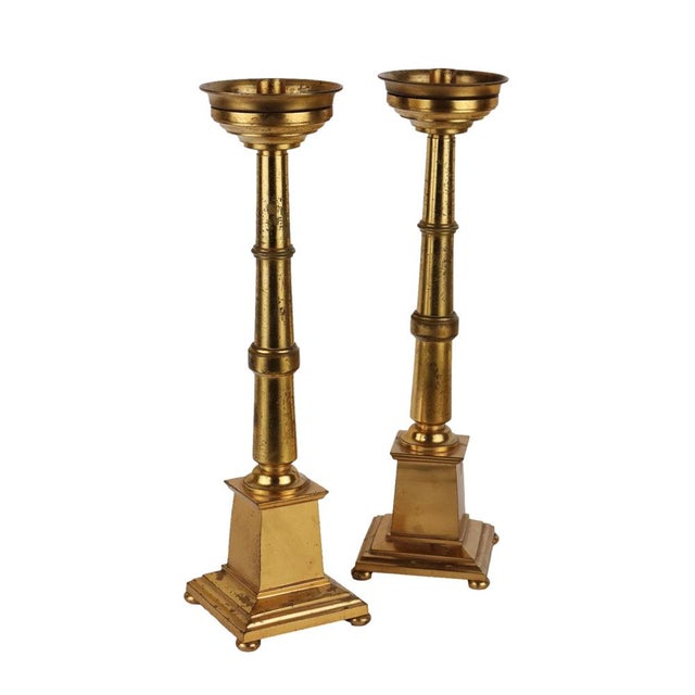 Gold Antique Candleholders with Square Base and Circular Feet in Gilded Bronze, Set of 2 For Sale - Image 8 of 10