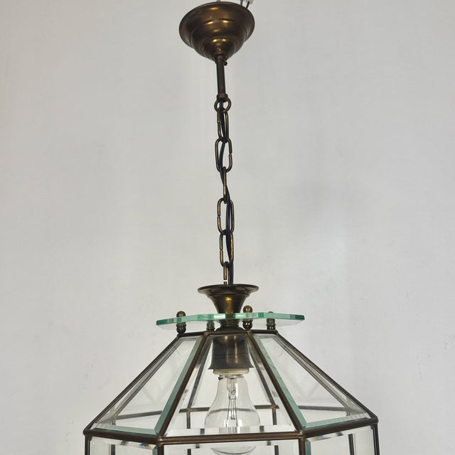 Metal Brass and Beveled Glass Pendant Light in the style of Adolf Loos for Fontana Arte, Italy, 1950s For Sale - Image 7 of 8