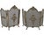 Elegant vintage three-panel folding fireplace screen featuring intricate Rococo-inspired metalwork, fine mesh panels, and...