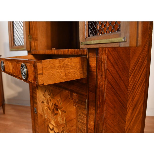 Wood 1900s Antique French Louis XVI Walnut Satinwood Inlay & Marble Top Cabinet For Sale - Image 7 of 12