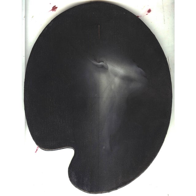 This artwork features a striking silhouette that emerges from a deep, velvety black background, hinting at a figure's...