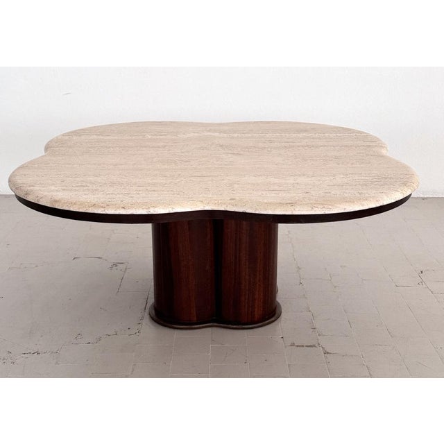 Large Mid-Century Modern Clover Coffee Table in Travertine and Dark Oak, 1970s For Sale - Image 13 of 18