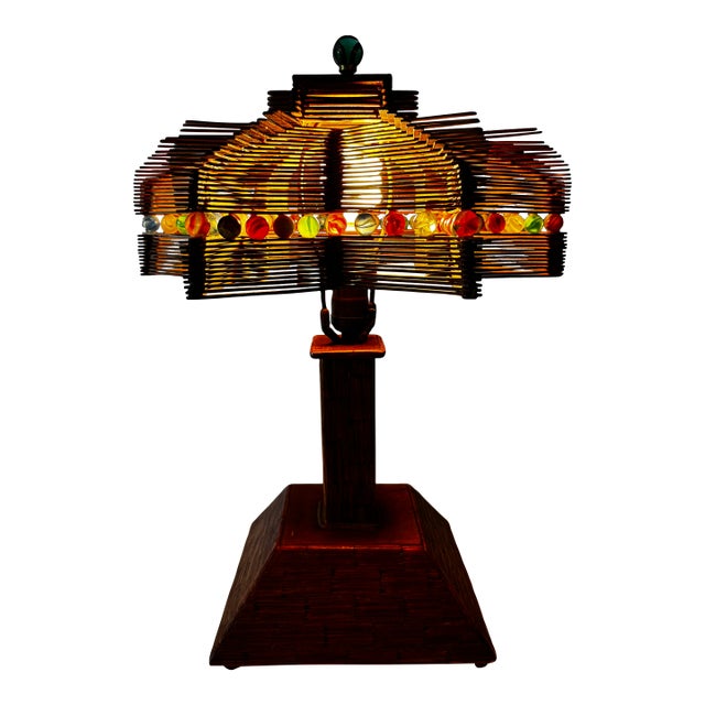 Beautiful Vintage Tramp Art - Popsicle Stick/Matchstick/Marble Lamp For Sale