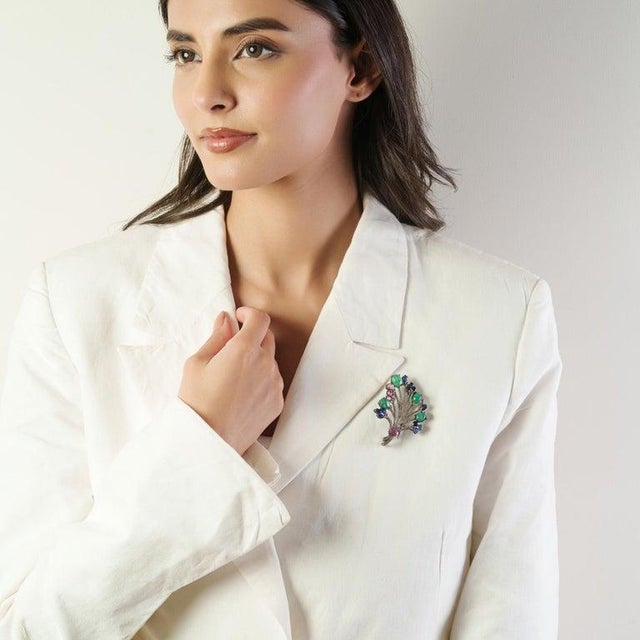 Not Yet Made - Made To Order Floral Bouquet Emerald Sapphire Tourmaline Brooch Pendant in Diamonds- Gifts for Women For Sale - Image 5 of 12