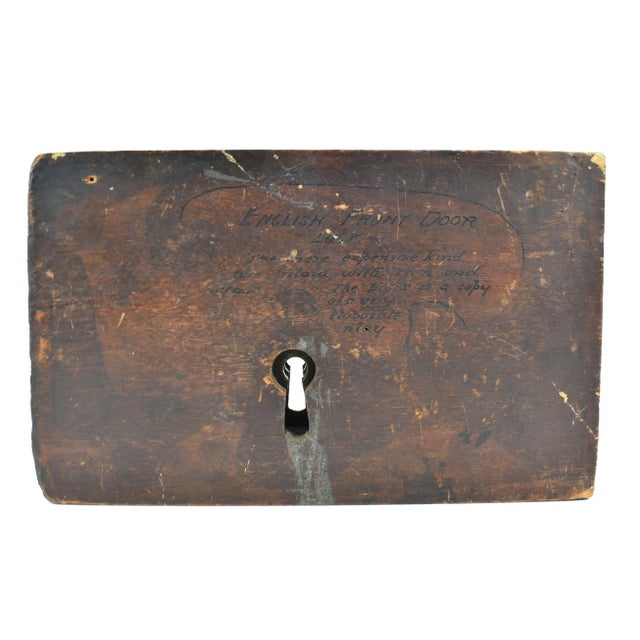 Wood Antique 19th Century English Wrought Iron Door Lock in Wooden Frame With Key For Sale - Image 7 of 10